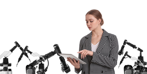 Image of Engineer controlling electronic laboratory robot manipulators with tablet on white background, banner design. Machine learning