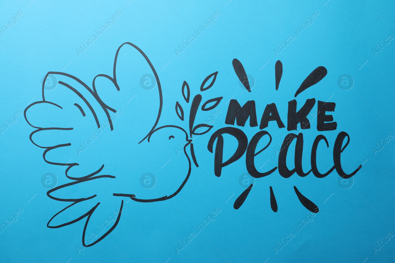 Photo of Beautiful phrase Make Peace with pigeon on blue background