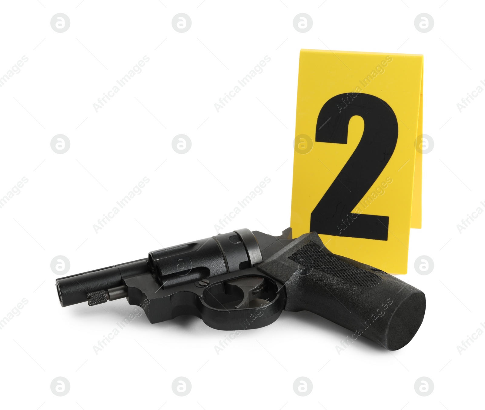 Photo of Gun and crime scene marker with number two isolated on white