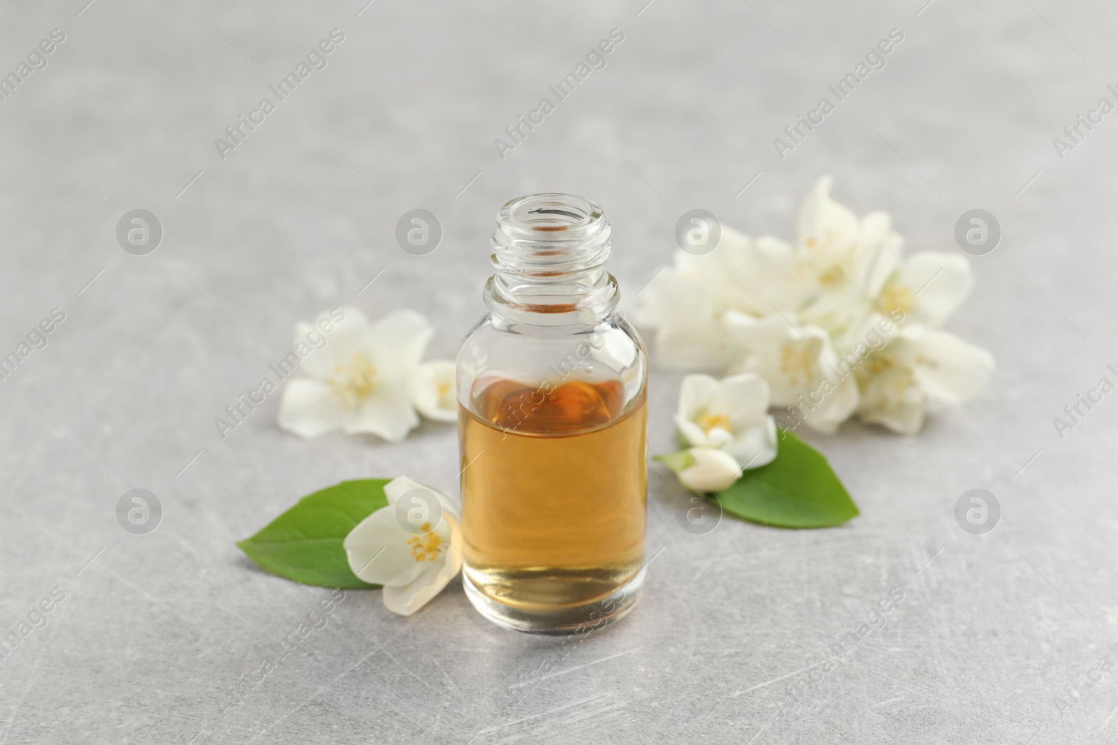 Photo of Essential oil and jasmine flowers on light grey table