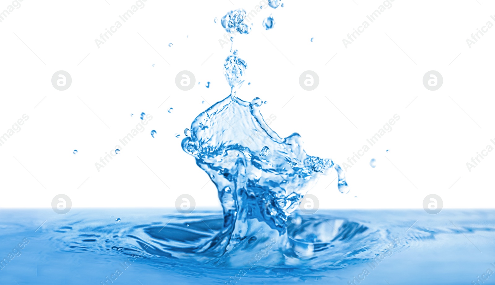 Photo of Splash of water with drops on white background, closeup
