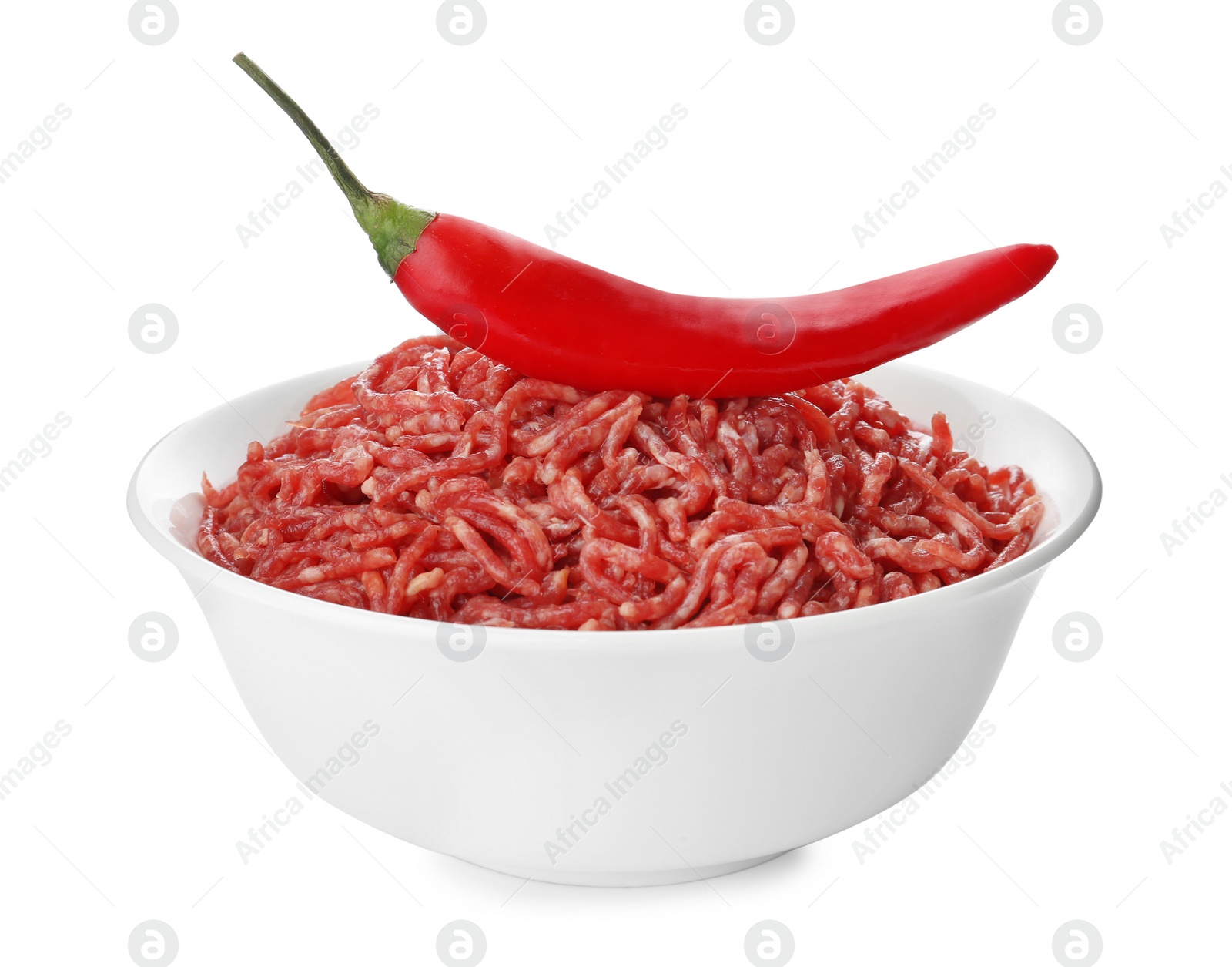 Photo of Fresh raw minced meat and chili pepper on white background