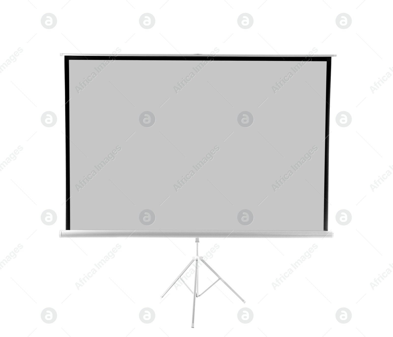 Photo of Tripod with projection screen isolated on white. Space for design