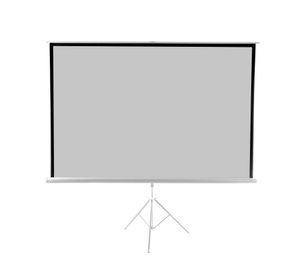 Photo of Tripod with projection screen isolated on white. Space for design