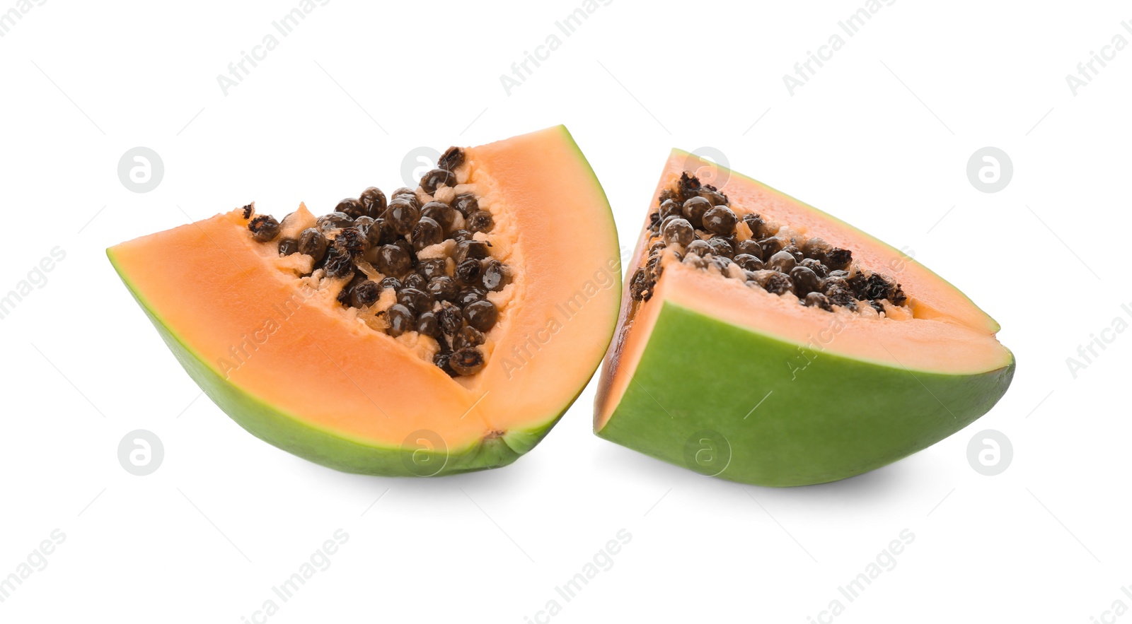 Photo of Fresh ripe papaya pieces on white background