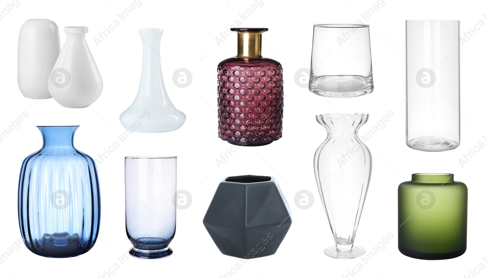 Image of Collage with different stylish vases on white background