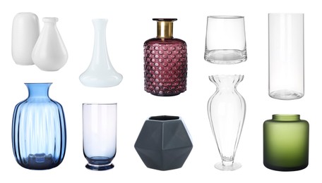 Collage with different stylish vases on white background