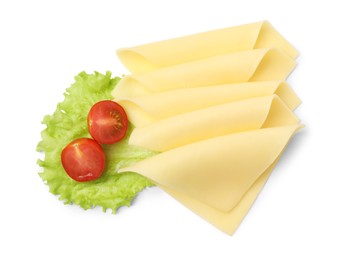 Photo of Slices of tasty fresh cheese, tomatoes and lettuce isolated on white, top view