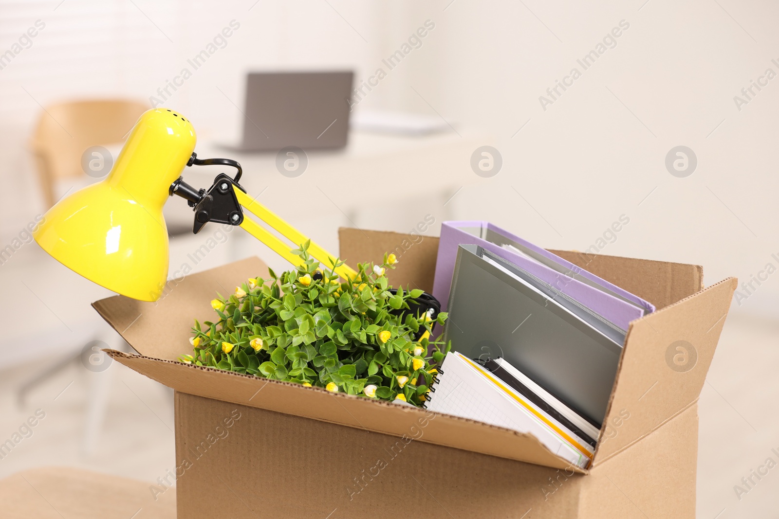 Photo of Unemployment problem. Box with worker's personal belongings in office