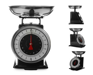 Image of Set with retro mechanical kitchen scales on white background 