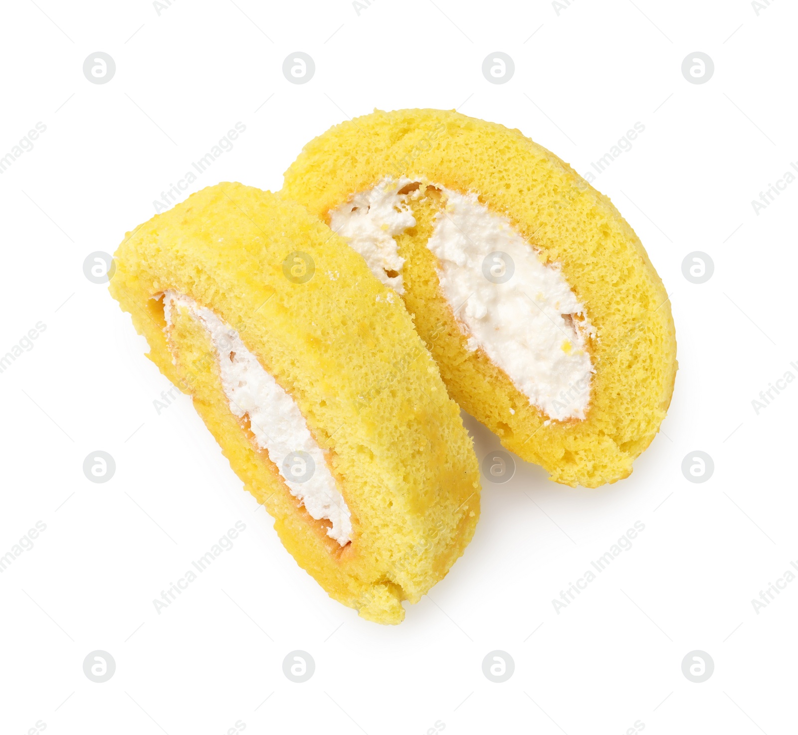 Photo of Delicious cake roll with cream filling isolated on white, top view