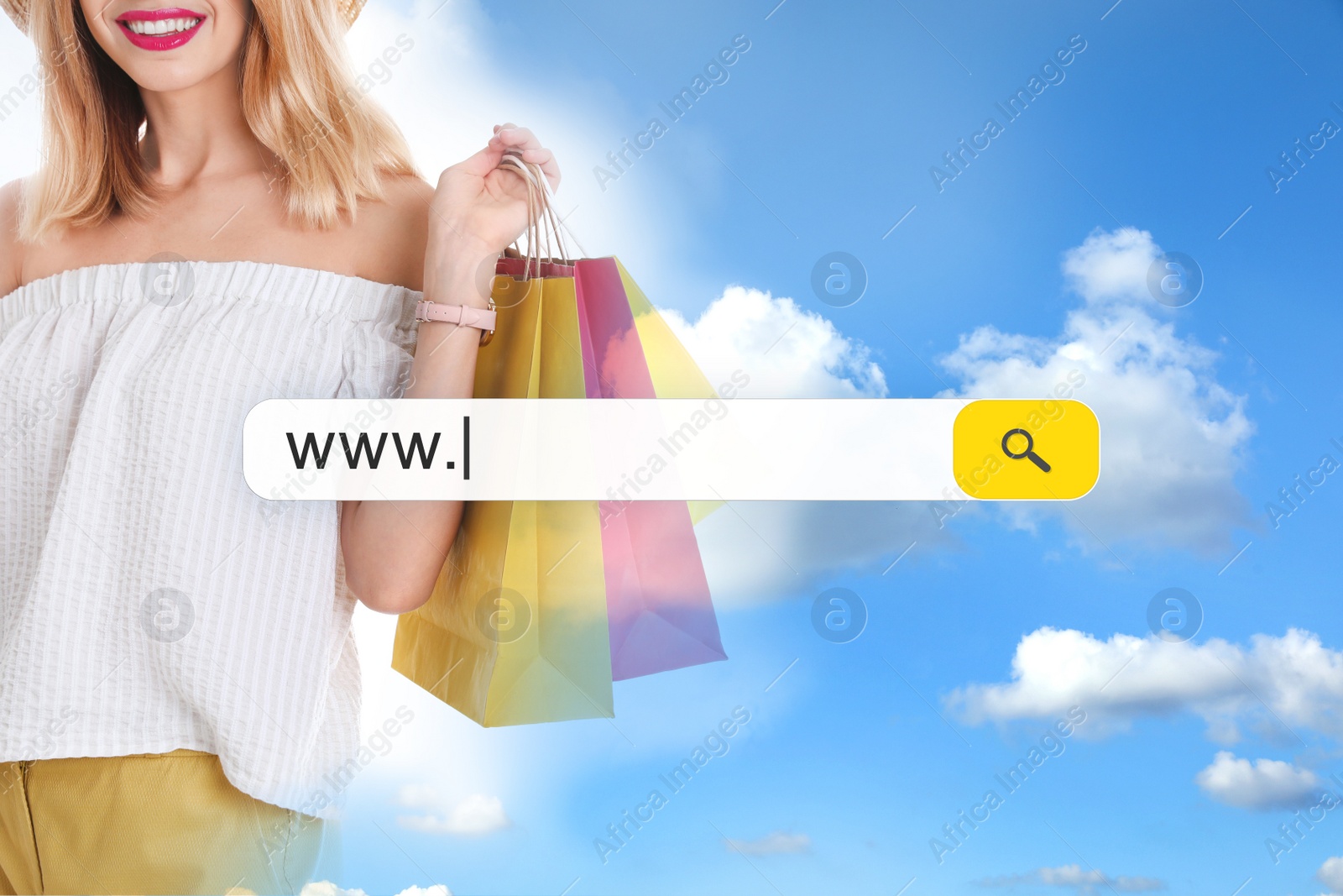 Image of Online Shopping. Search bar and woman with paper bags on sky background