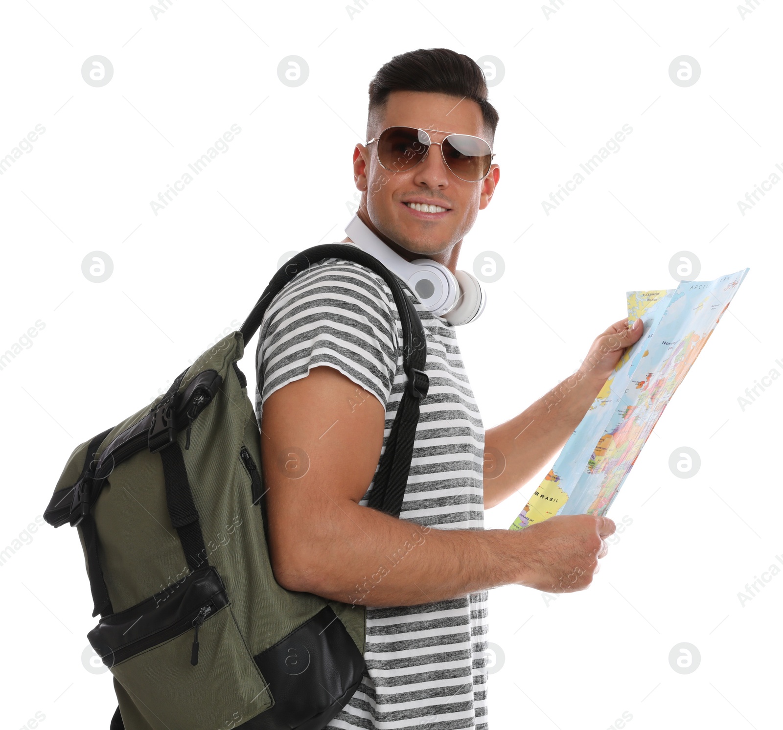 Photo of Man with map and backpack on white background. Summer travel