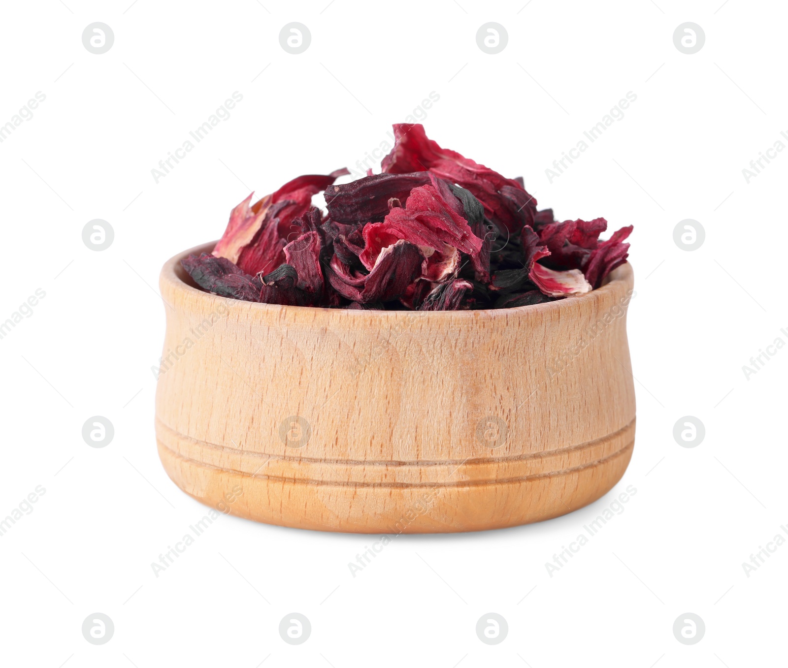 Photo of Bowl of dry hibiscus tea isolated on white