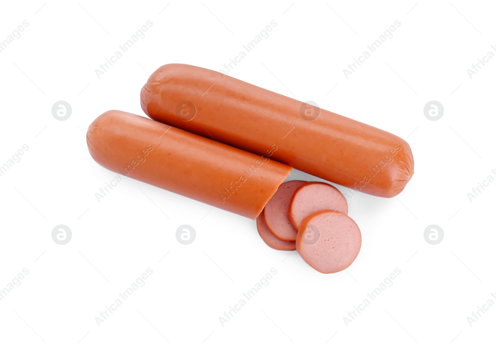 Photo of Fresh raw sausages isolated on white, top view. Meat product