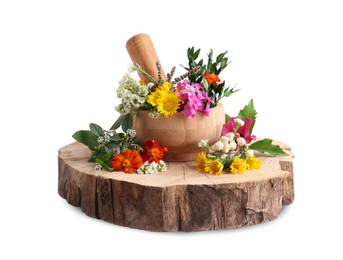 Wooden mortar, pestle and different flowers on white background