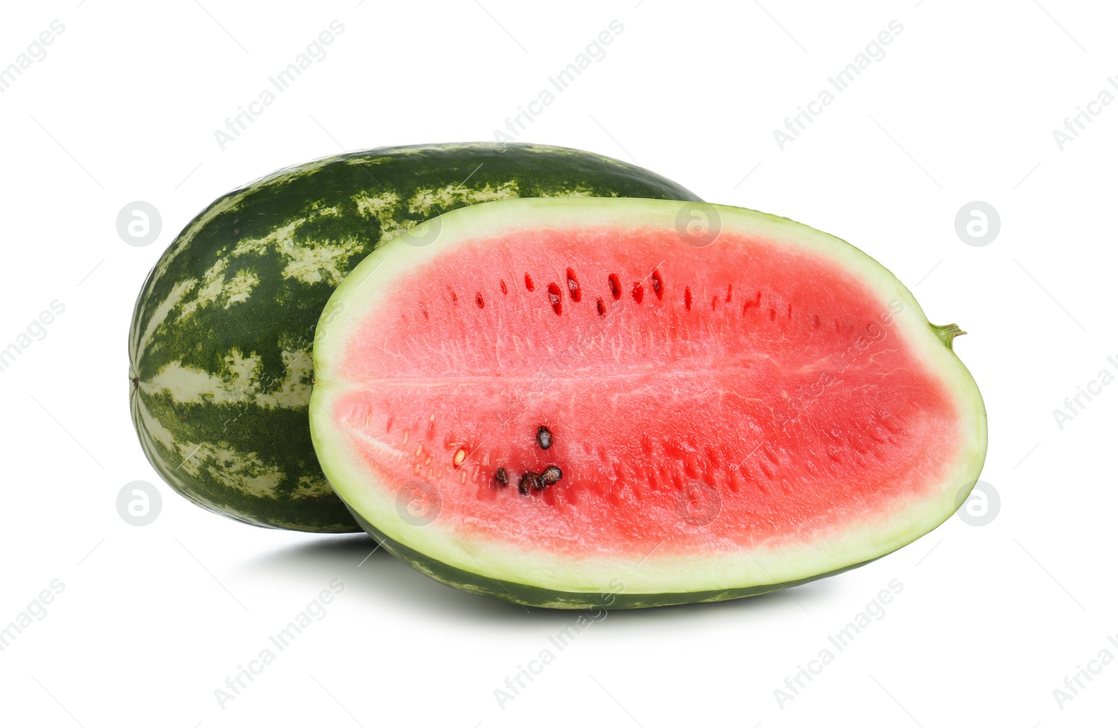 Photo of Delicious whole and cut watermelons isolated on white