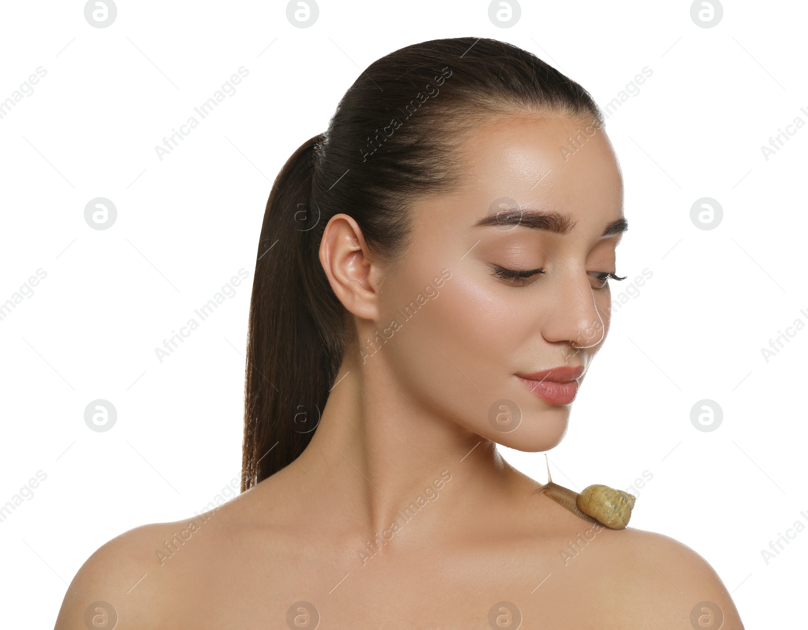 Photo of Beautiful young woman with snail on her shoulder against white background