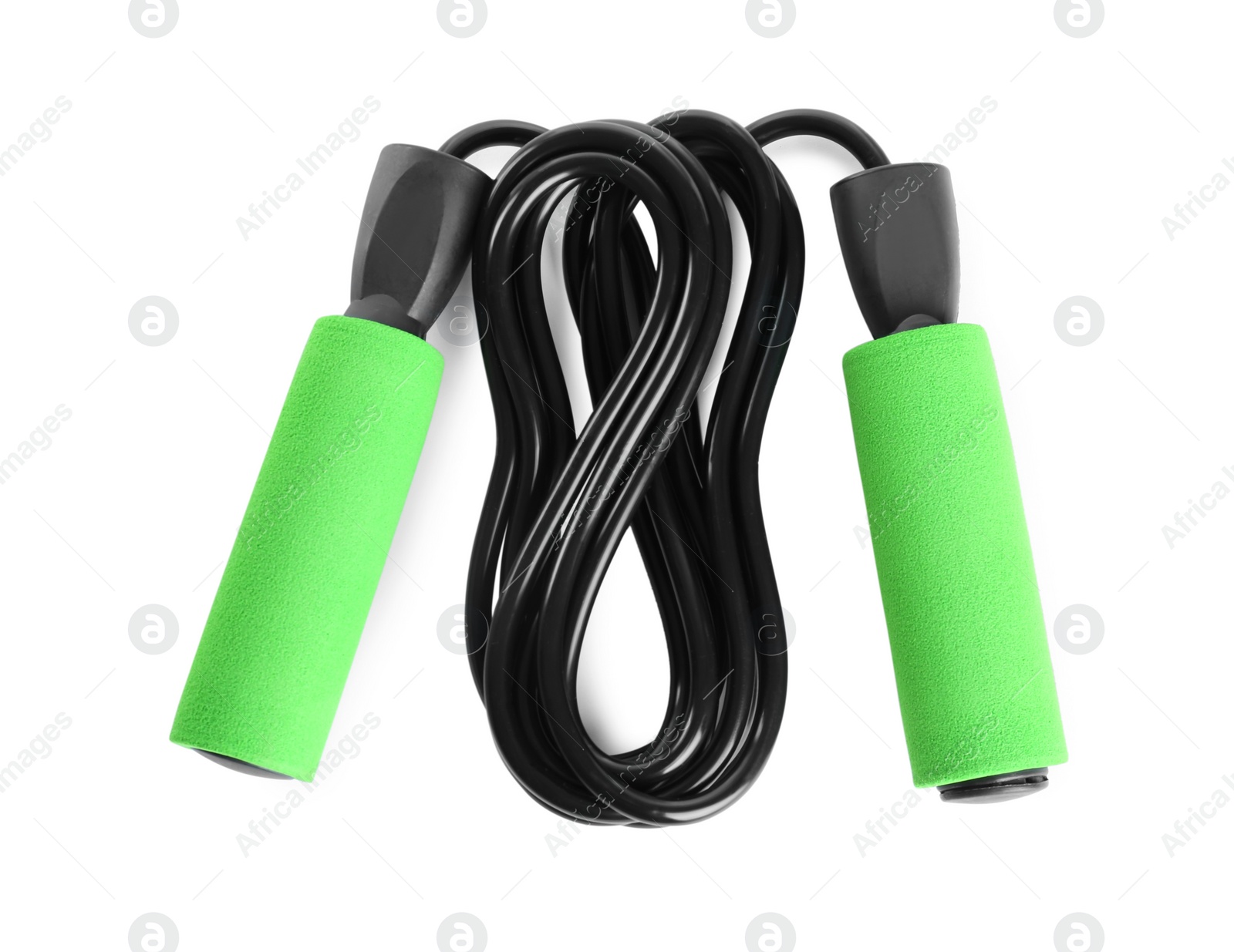 Photo of Black skipping rope with green handles isolated on white, top view