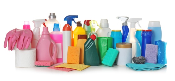 Photo of Different cleaning supplies on white background