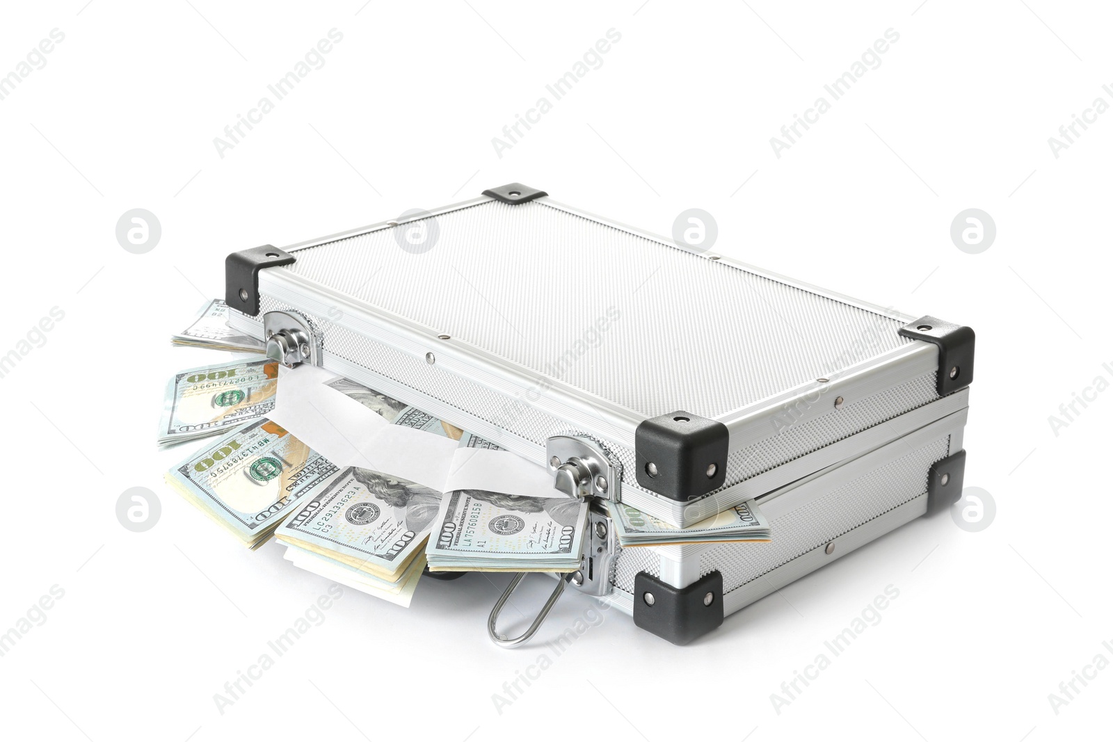 Photo of Hard case full of money on white background