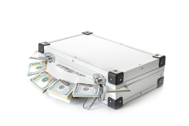 Photo of Hard case full of money on white background