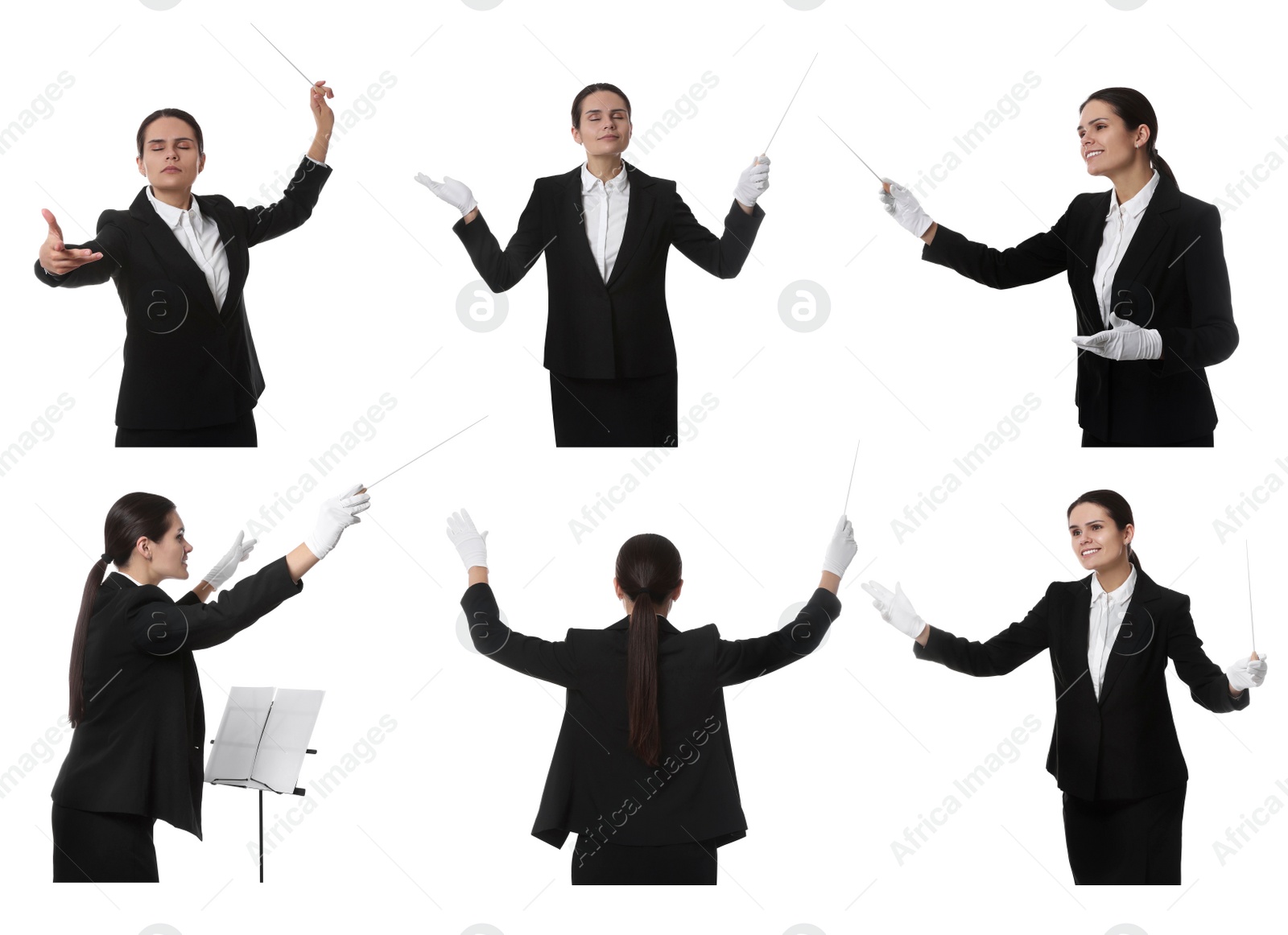 Image of Collage with photos of professional young conductor with baton on white background