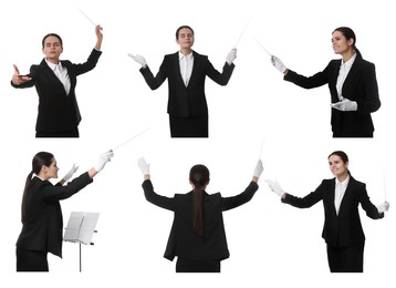 Collage with photos of professional young conductor with baton on white background