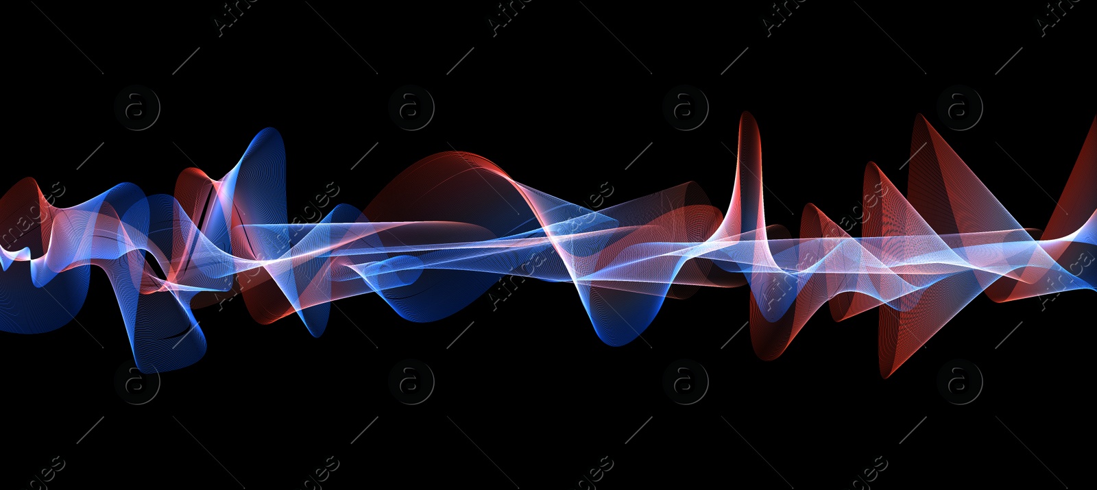 Image of Illustration of dynamic sound waves on black background. Banner design