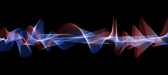 Image of Illustration of dynamic sound waves on black background. Banner design