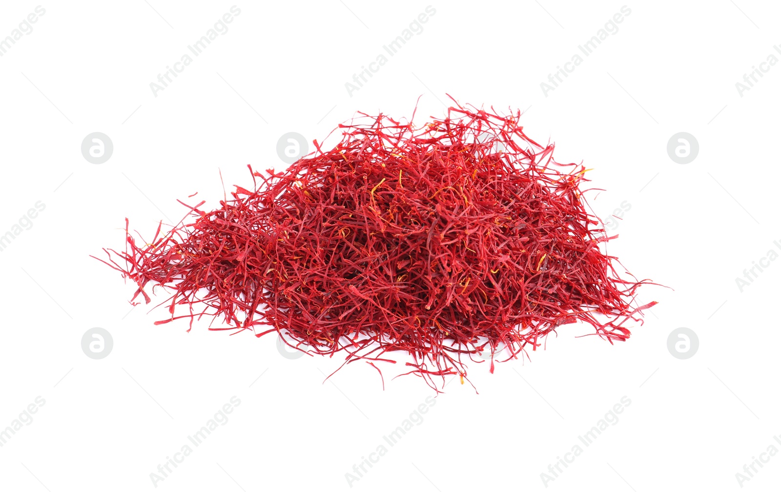 Photo of Pile of dried saffron isolated on white, top view