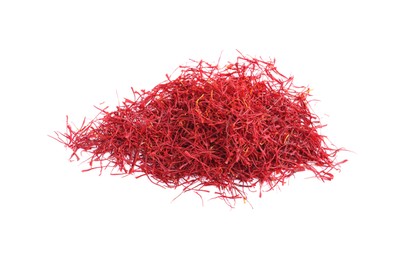 Pile of dried saffron isolated on white, top view