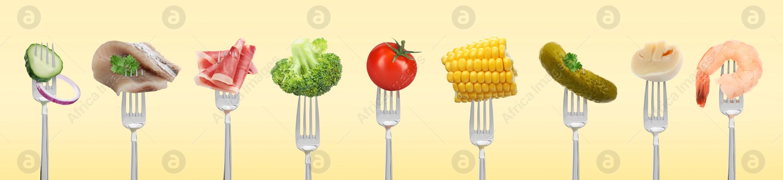 Image of Forks with different food products on beige background, collection