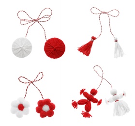 Set with traditional martenitsi in different shapes on white background. Symbol of first spring day (Martisor celebration)