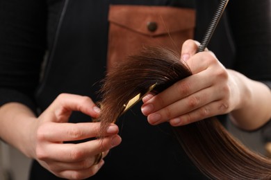 Photo of Hairdresser cutting client's hair with scissors in salon, closeup