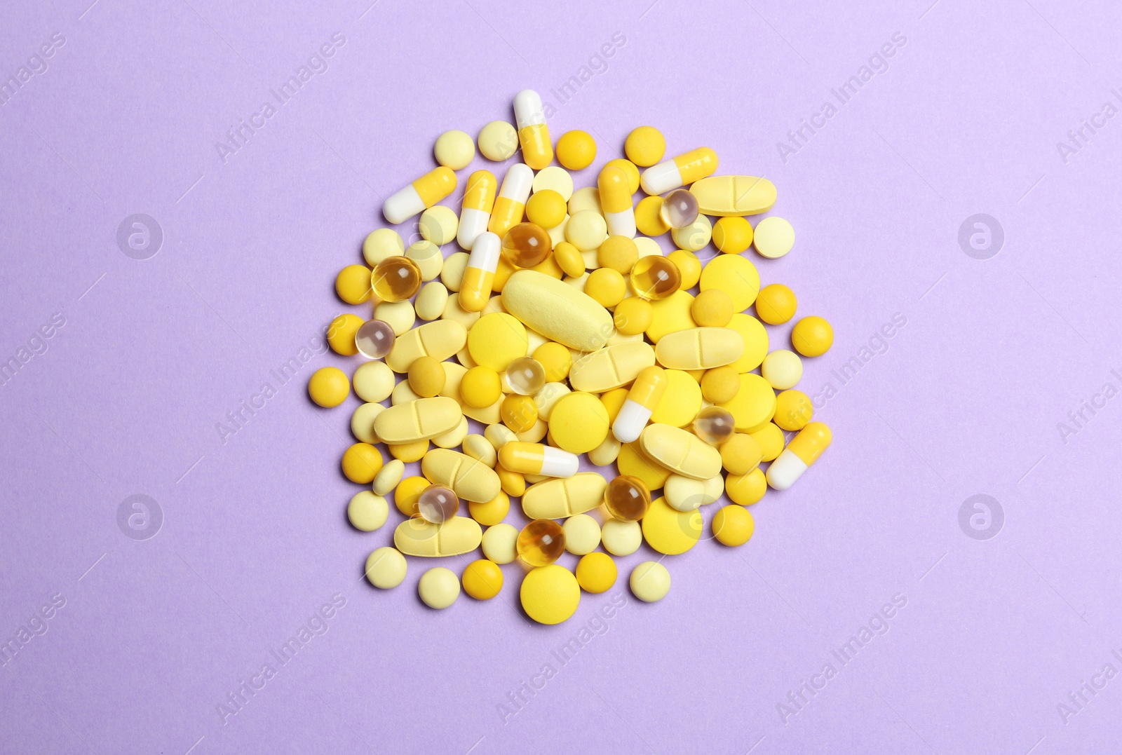 Photo of Flat lay composition with different pills on color background