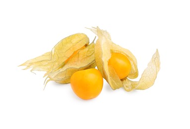 Ripe physalis fruits with calyxes isolated on white