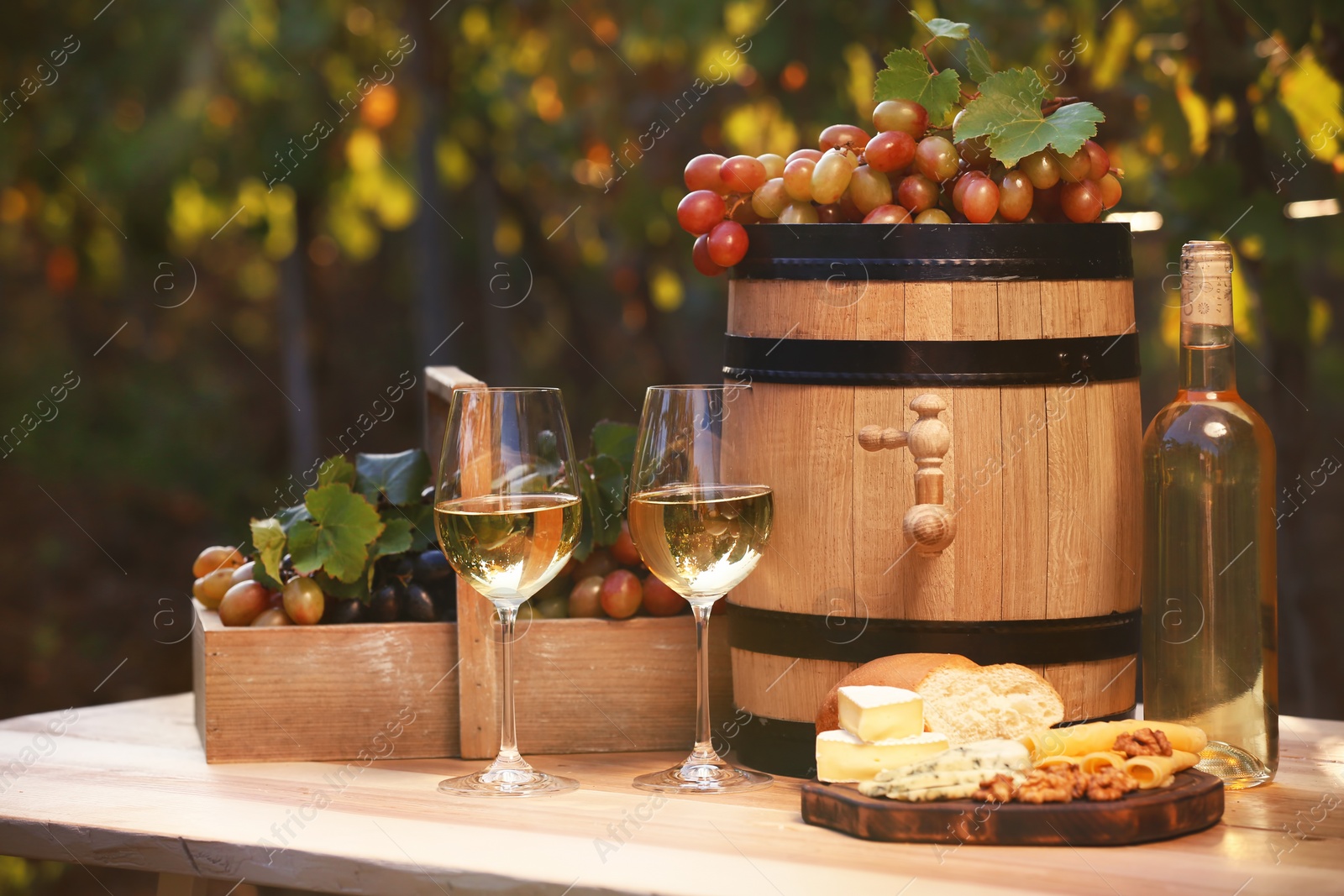 Photo of Composition with wine and snacks on table outdoors