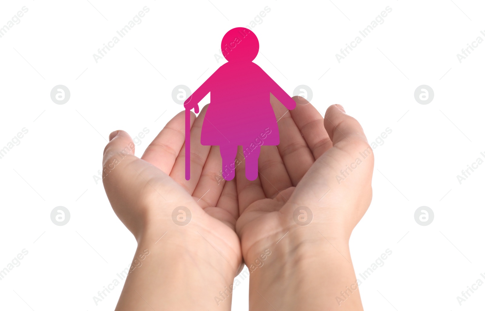 Image of Woman demonstrating image of elderly lady on white background, closeup. Retirement concept