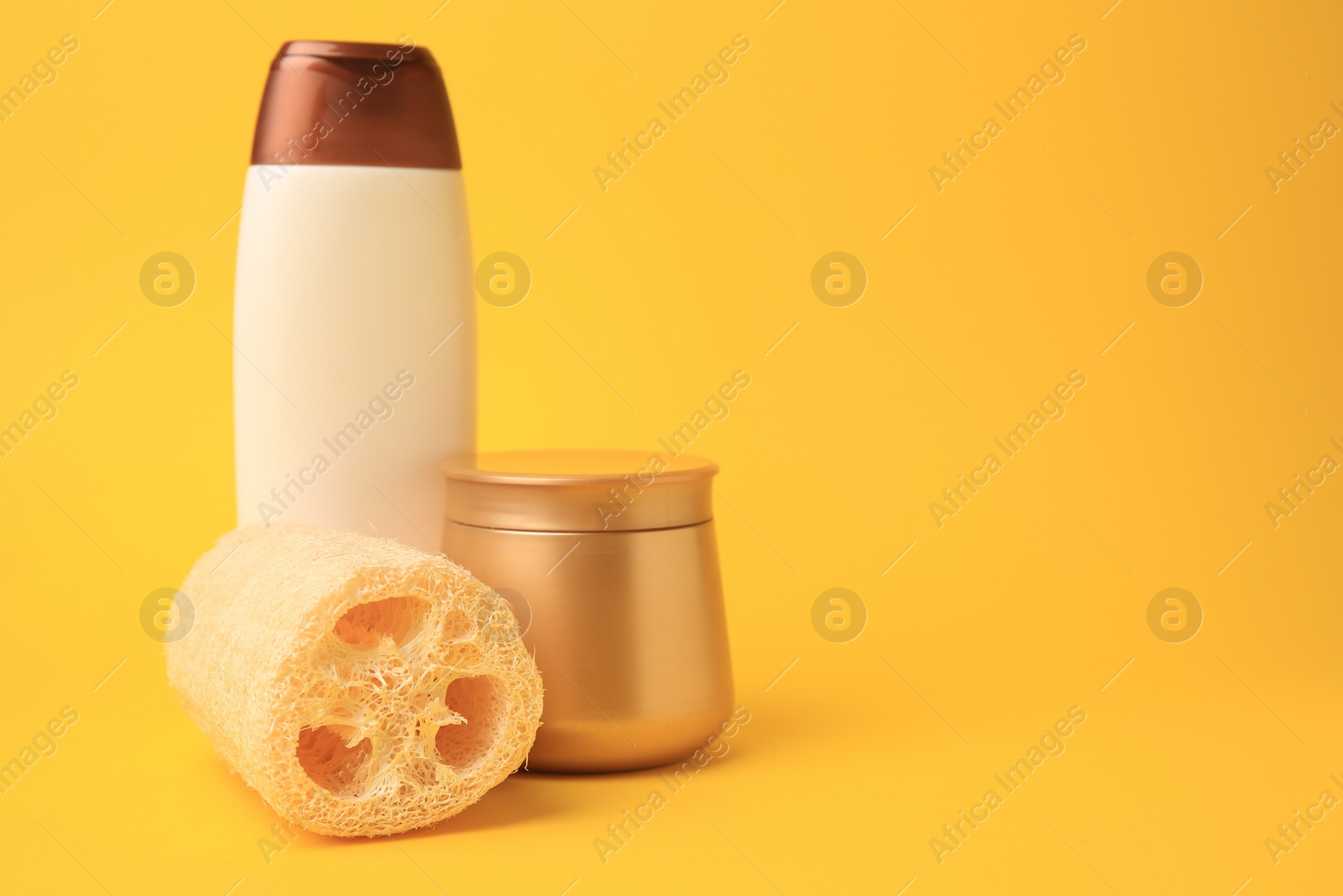 Photo of Natural loofah sponge and cosmetic products on yellow background, space for text