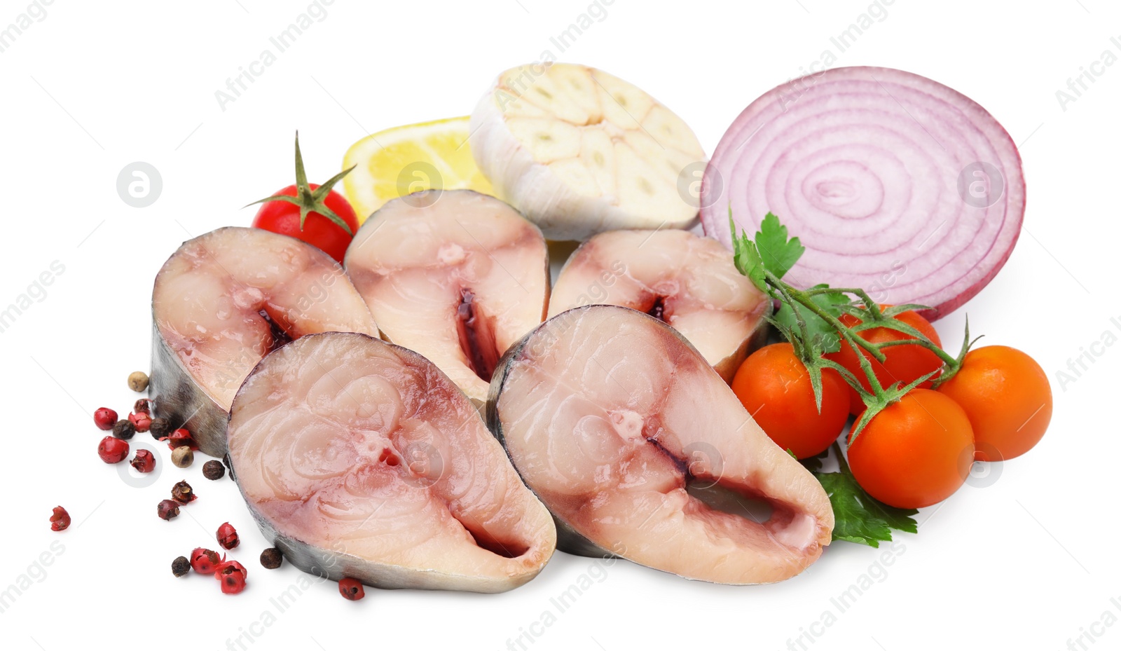 Photo of Pieces of mackerel fish and different products on white background