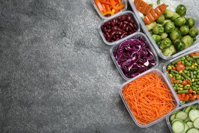 Set of plastic containers with fresh food on grey   table, flat lay. Space for text