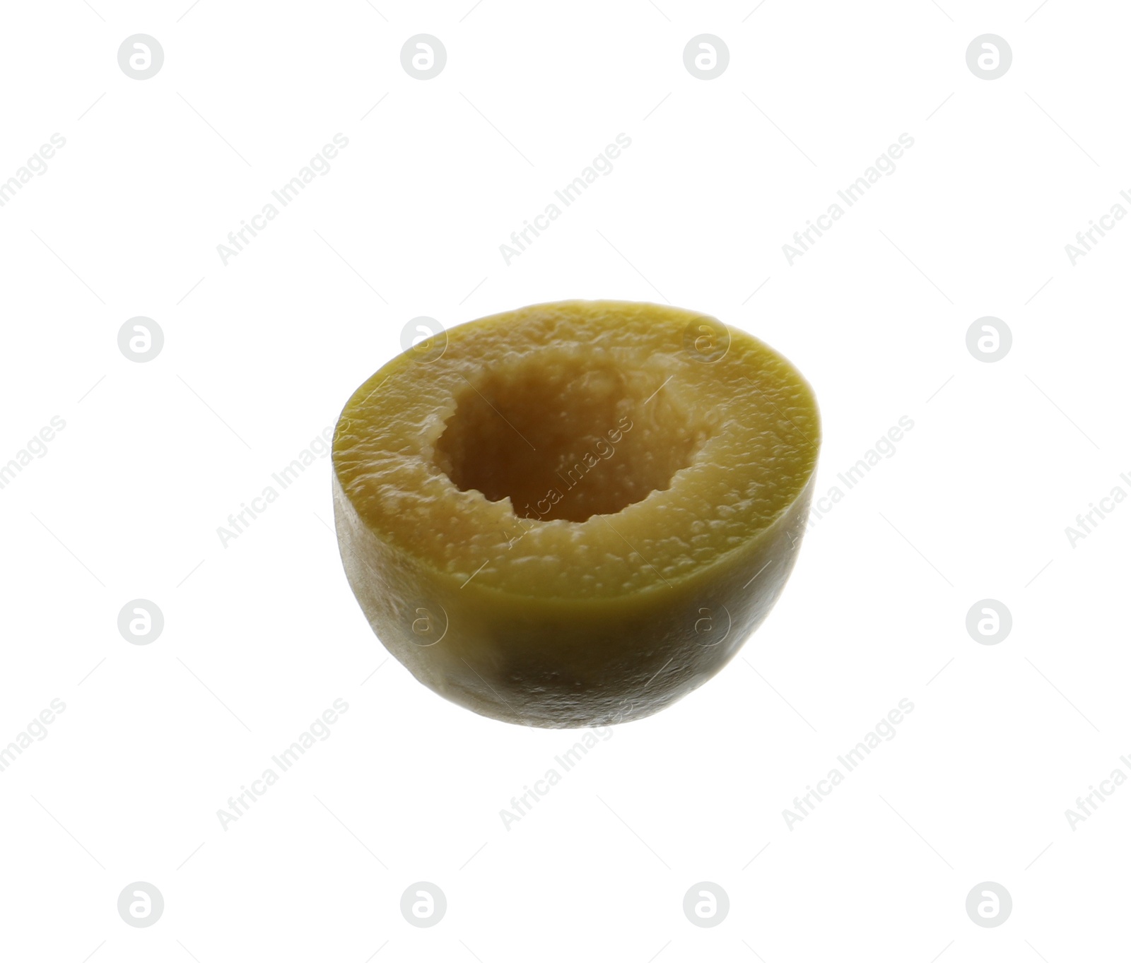 Photo of Piece of green olive isolated on white