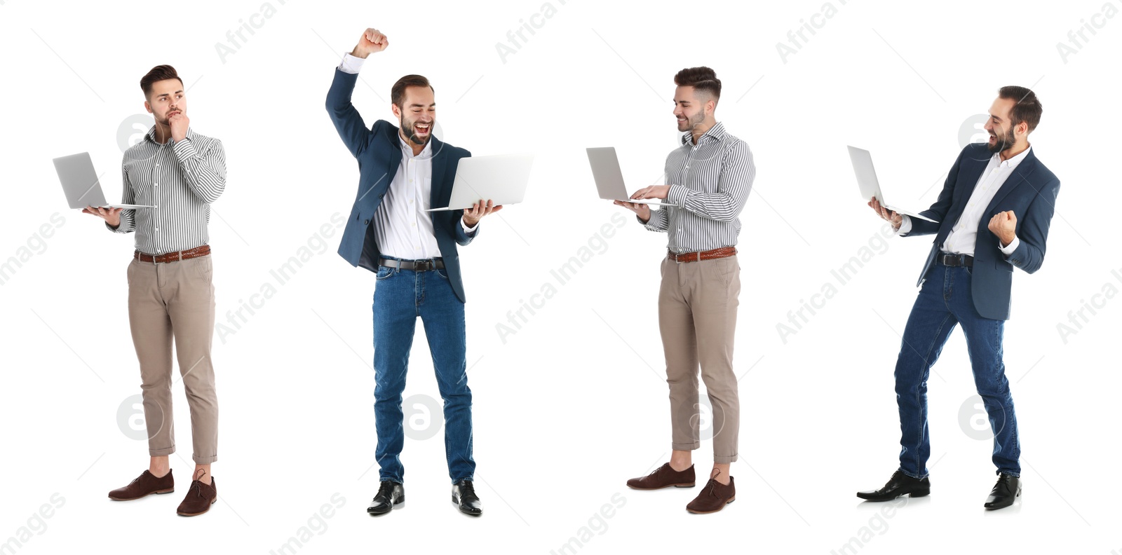 Image of Collage of young men with laptops on white background. Banner design 