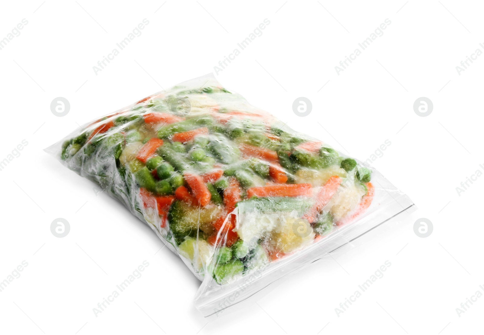 Photo of Frozen vegetables in plastic bag isolated on white