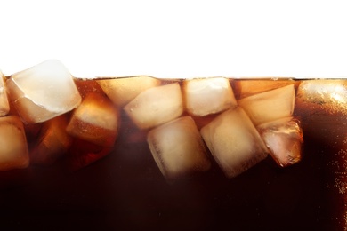 Closeup view of tasty refreshing cola with ice cubes on white background