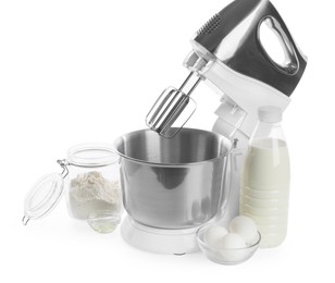 Stand mixer and different ingredients for dough isolated on white