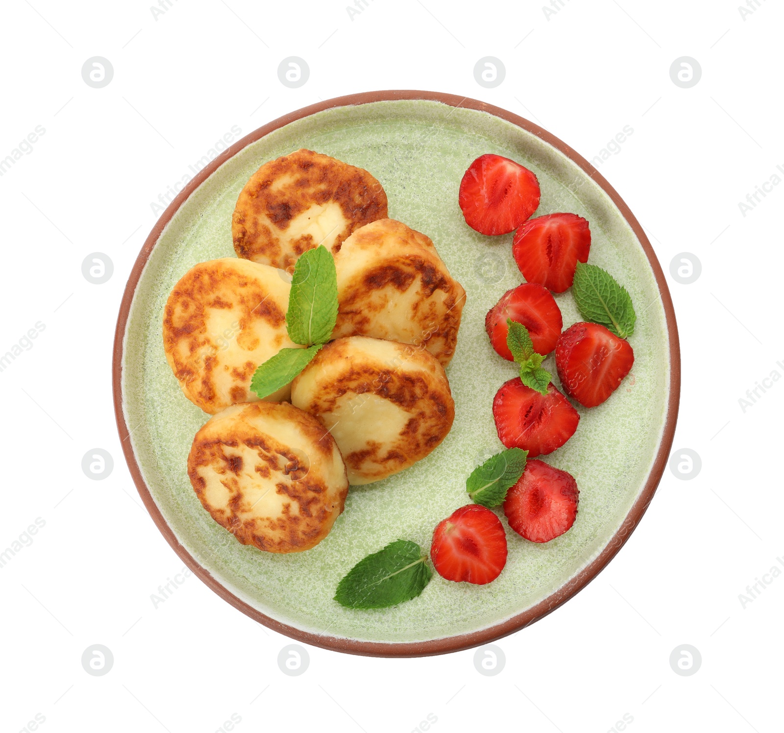 Photo of Plate with delicious cottage cheese pancakes, fresh strawberries and mint on white background, top view