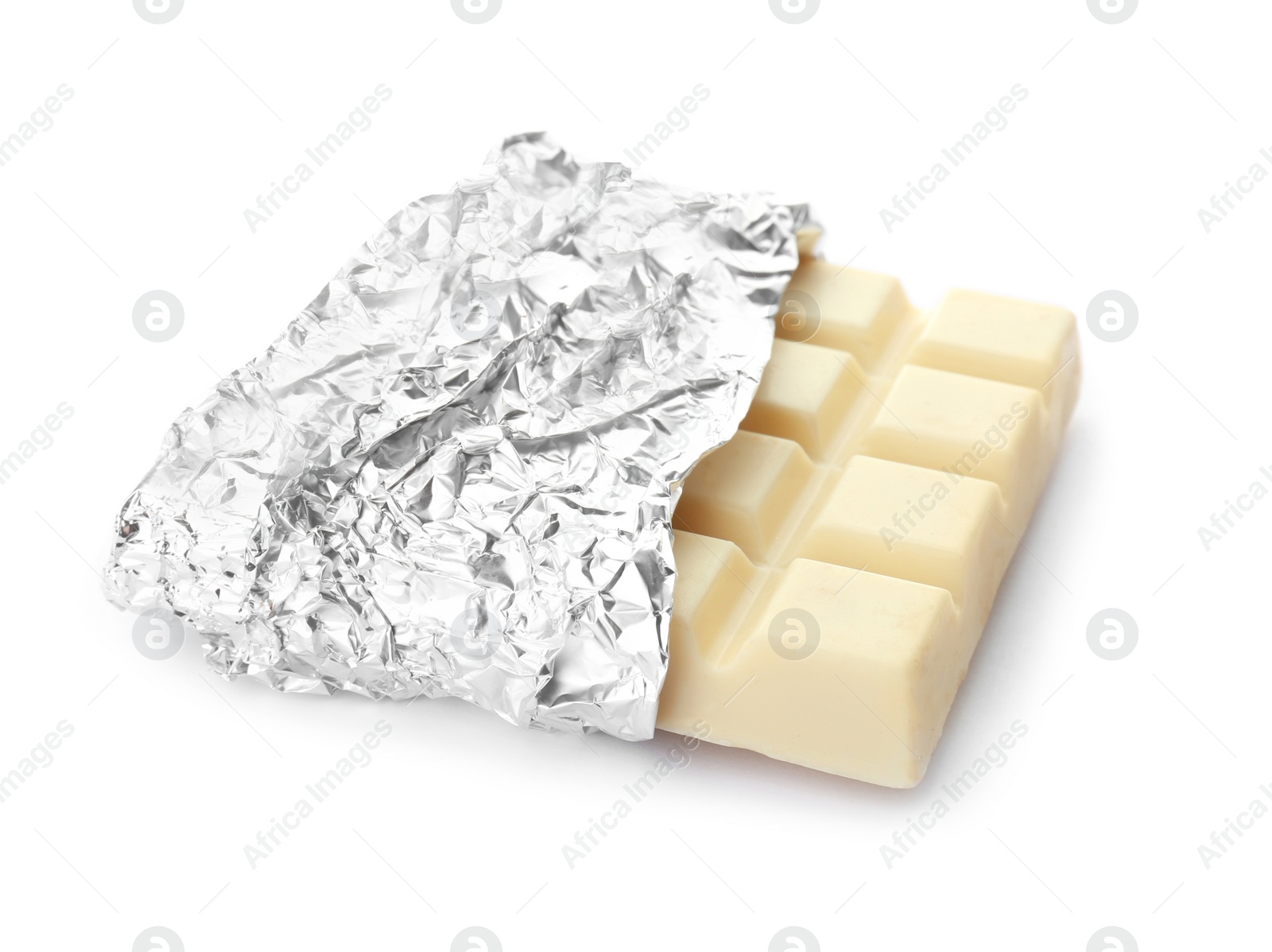 Photo of Delicious chocolate bar in foil on white background