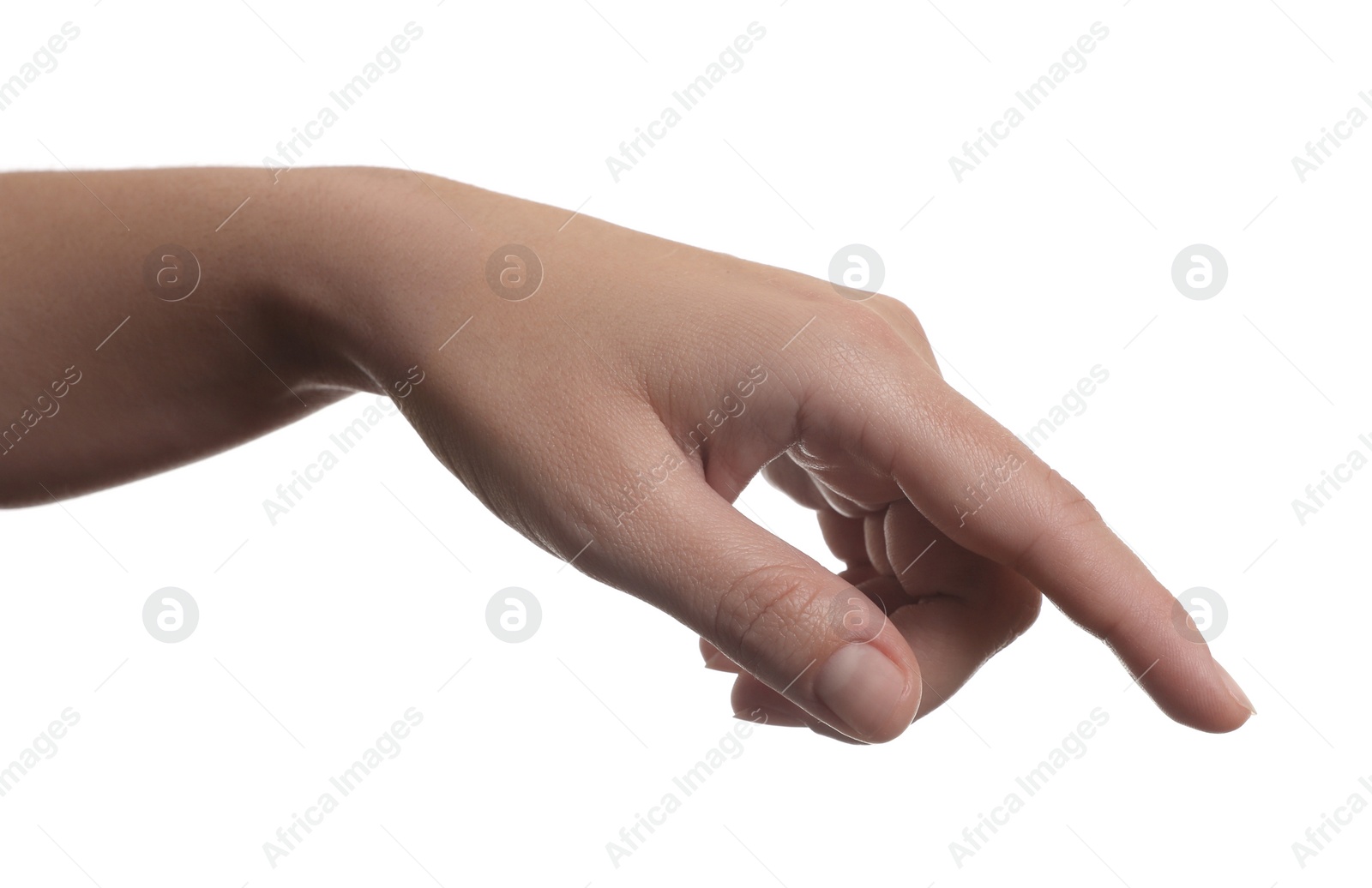 Photo of Woman pointing at something on white background, closeup